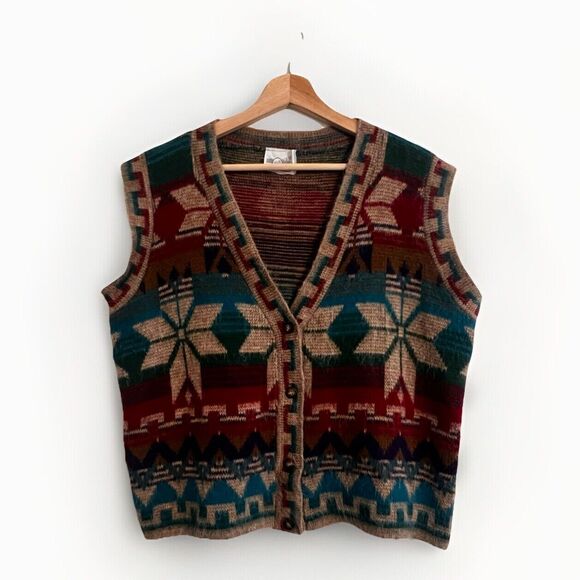 Vintage Southwestern Navajo Inspired Sweater Vest Button Front L Preppy Boho - Picture 1 of 6